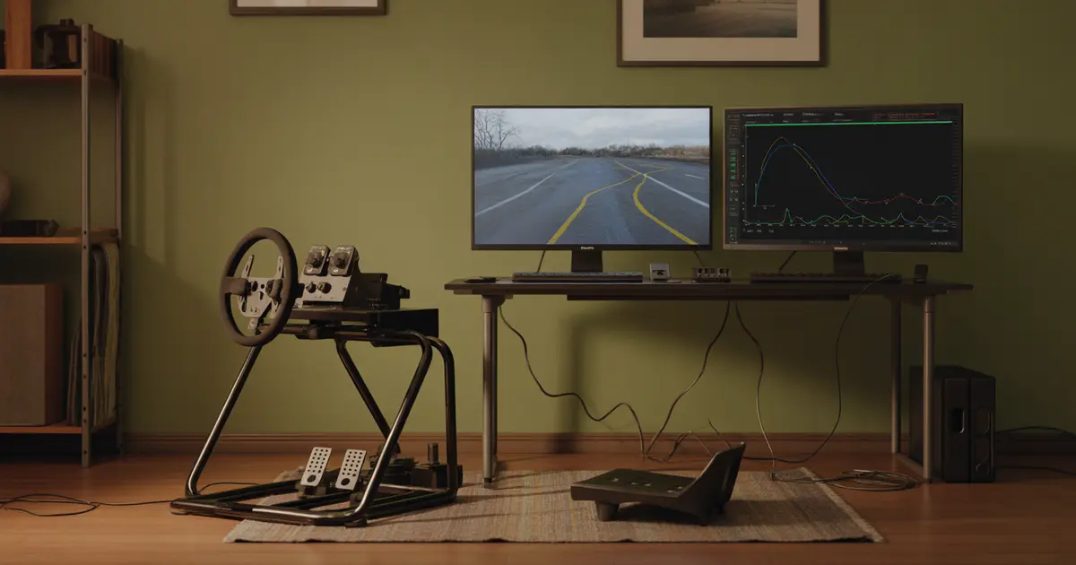 Sim racing rig in a dark room with monitors showing the alternate line on a wet track and telemetry charts