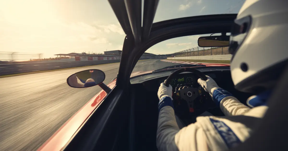 Vista de cabina de un auto de carreras en una curva descendente al final de la tarde