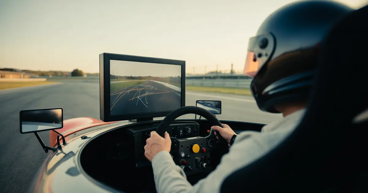 Racing simulator cockpit with a telemetry screen beside the main monitor