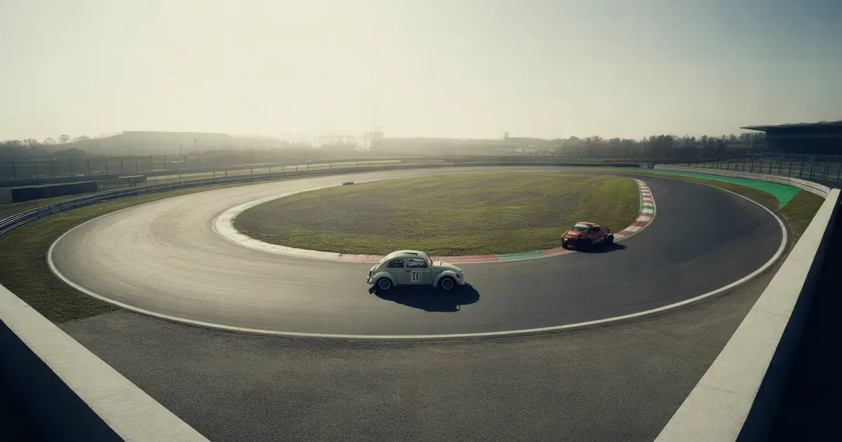 Aerial view of a Brazilian race track corner with a small race-prepped Volkswagen Beetle on track, early morning light