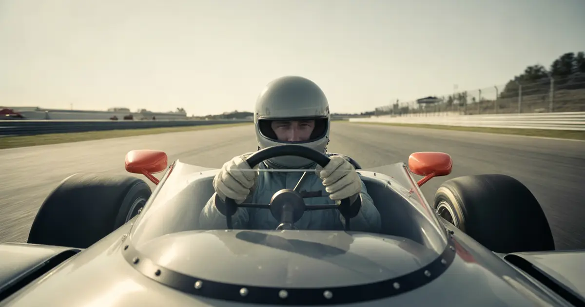 Driver inside a narrow-wing Formula Classic car, over-the-shoulder view, track opening ahead with low sun on the windscreen