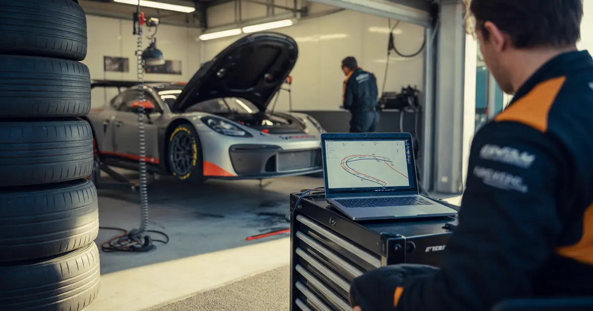 Carro GT3 sobre macacos no box, telemetria da curva de Goiânia aberta no notebook ao lado