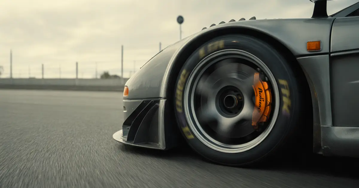 Extreme close-up of the McLaren F1 GTR’s front wheel with the slick tire deforming through the corner and the glowing brake disc