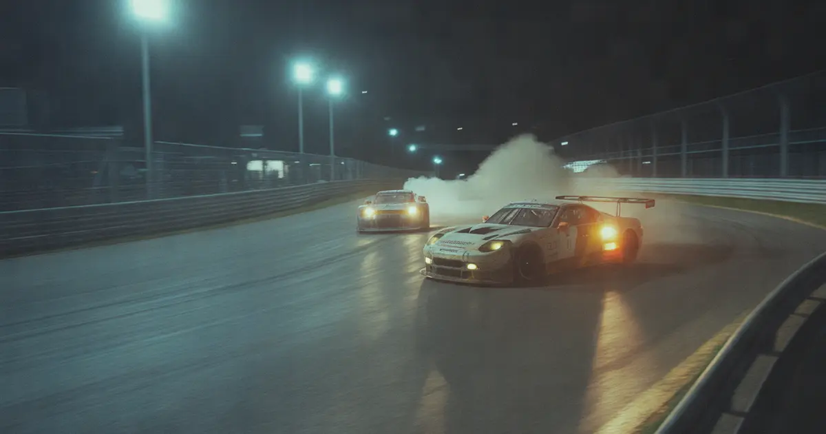 GT3 car on a wet track under floodlights, glowing brake discs, water spray during a night race