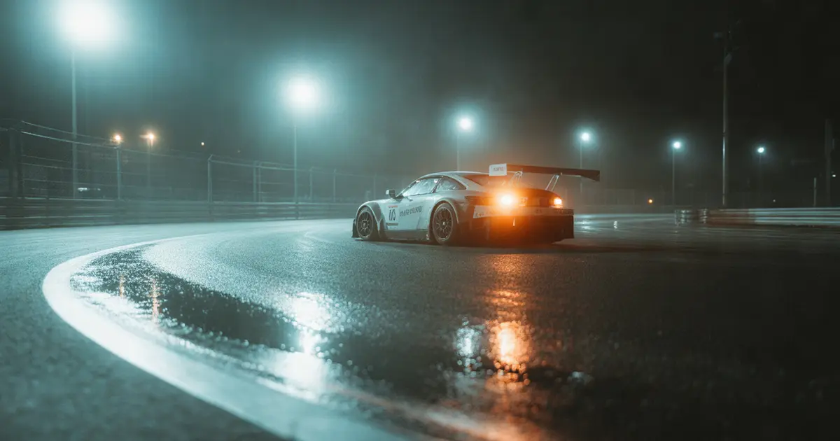 GT3 en pista mojada de noche, discos de freno incandescentes, luces reflejadas en el asfalto