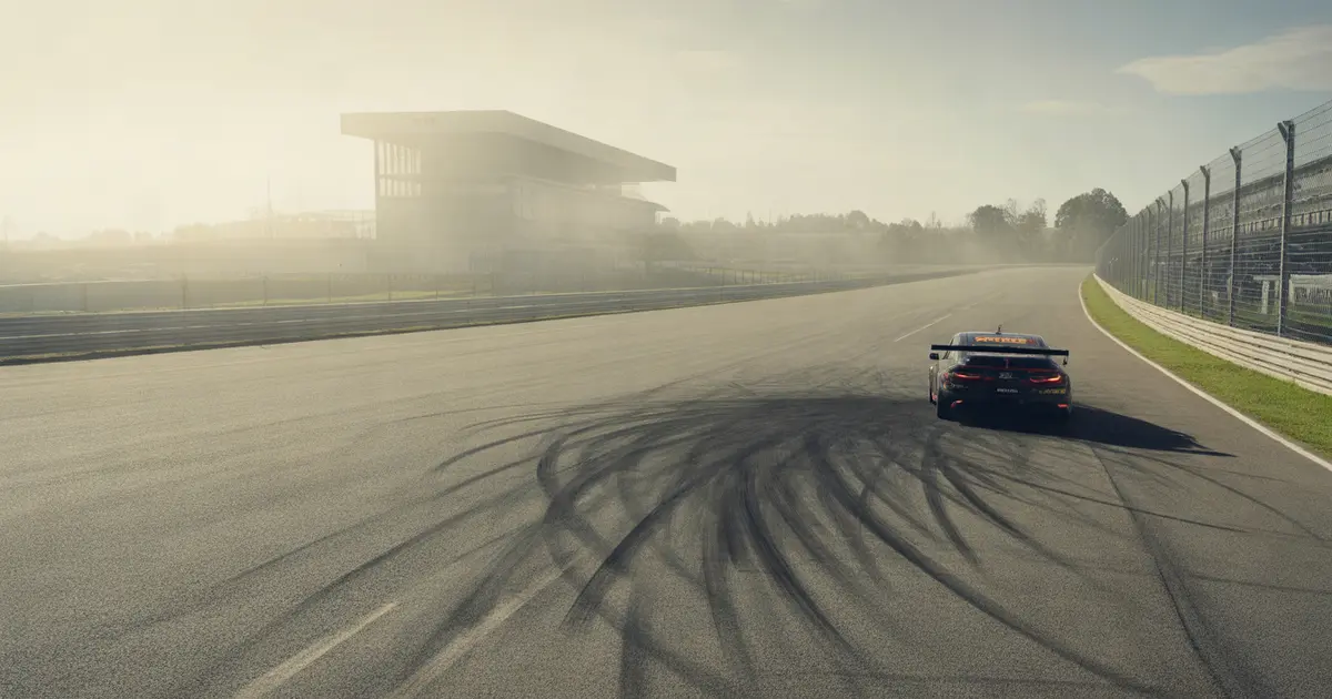 Empty braking zone at dawn with dark tyre marks on the asphalt of a Brazilian race track