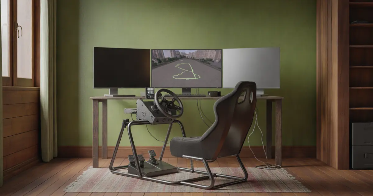 Rig de simracing em casa com volante direct drive, pedaleira e banco, monitores exibindo dados de pista durante uma sessão de Automobilista 2