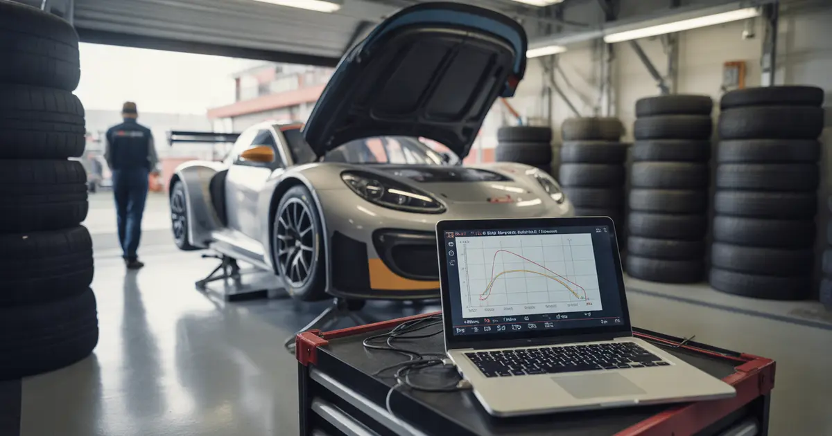Garaje de equipo de carreras con un auto GT3 elevado en gatos y una laptop mostrando un gráfico de freno sobre la caja de herramientas