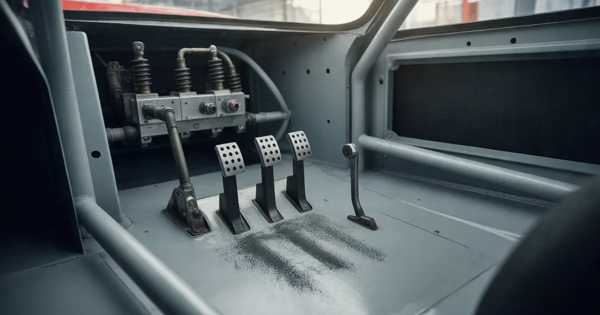 Primer plano del pedal de freno y los cilindros maestros en el habitáculo de un auto de carreras, con luz dura sobre el metal